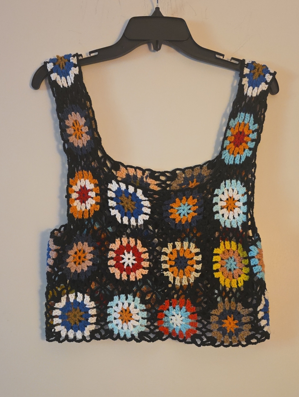 Black Multicolor Crochet Crop Top — Boho Floral Tank